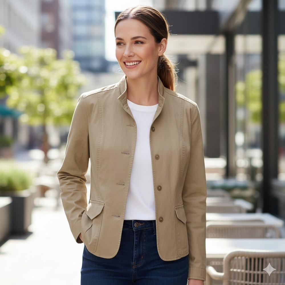 Eddie Bauer Khaki Twill Blazer Jacket Collarless Button Front‎ Pockets - Size 14